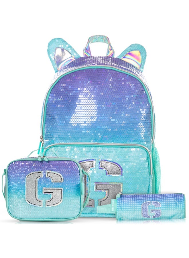 Eazy Kids 17" Set of 3 Backpack w/ Lunch Bag and Pencil Case - Girl Glitter Green - Image 1