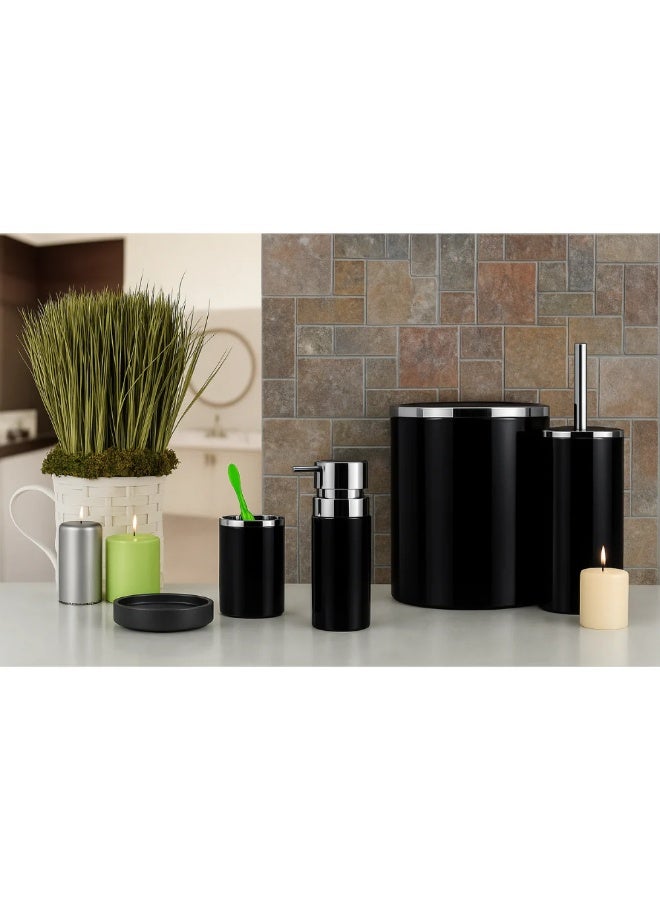 بريمانوفا طقم إكسسوارات حمام ٥ قطع أكريليك بتشطيب كروم – سلة مهملات ٦ لتر، فرشاة مرحاض، موزع صابون، حامل فرشاة أسنان وصينية صابون (أسود) - Image 3