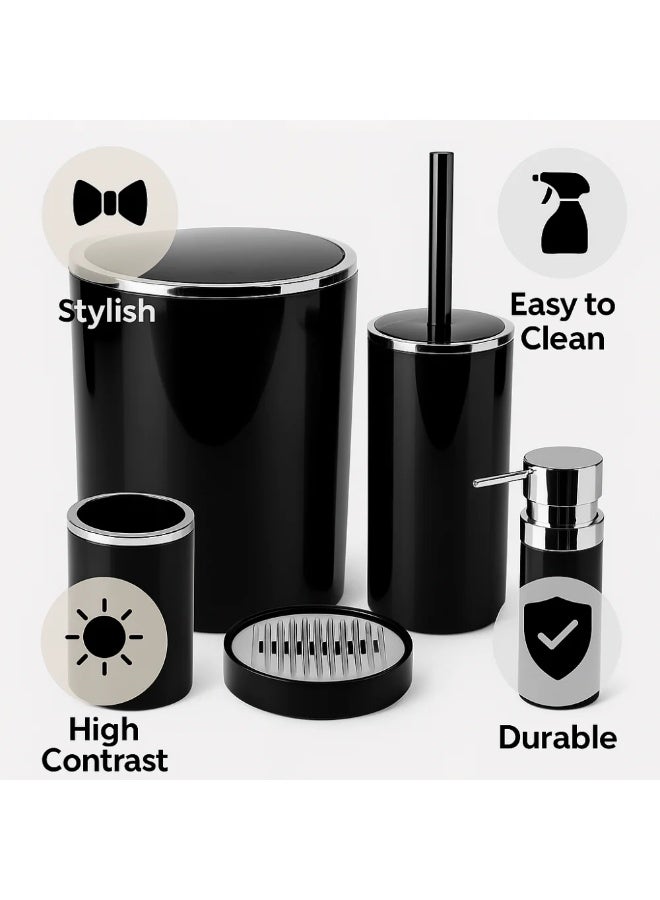 بريمانوفا طقم إكسسوارات حمام ٥ قطع أكريليك بتشطيب كروم – سلة مهملات ٦ لتر، فرشاة مرحاض، موزع صابون، حامل فرشاة أسنان وصينية صابون (أسود) - Image 4