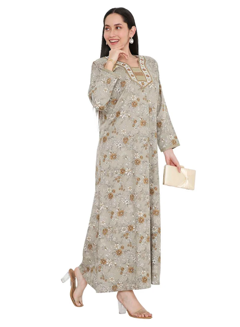 HANA & SARA LONG VISCOSE FLORAL PRINTED WITH THREAD EMBROIDERED ARABIC KAFTAN JALABIYA DRESSES