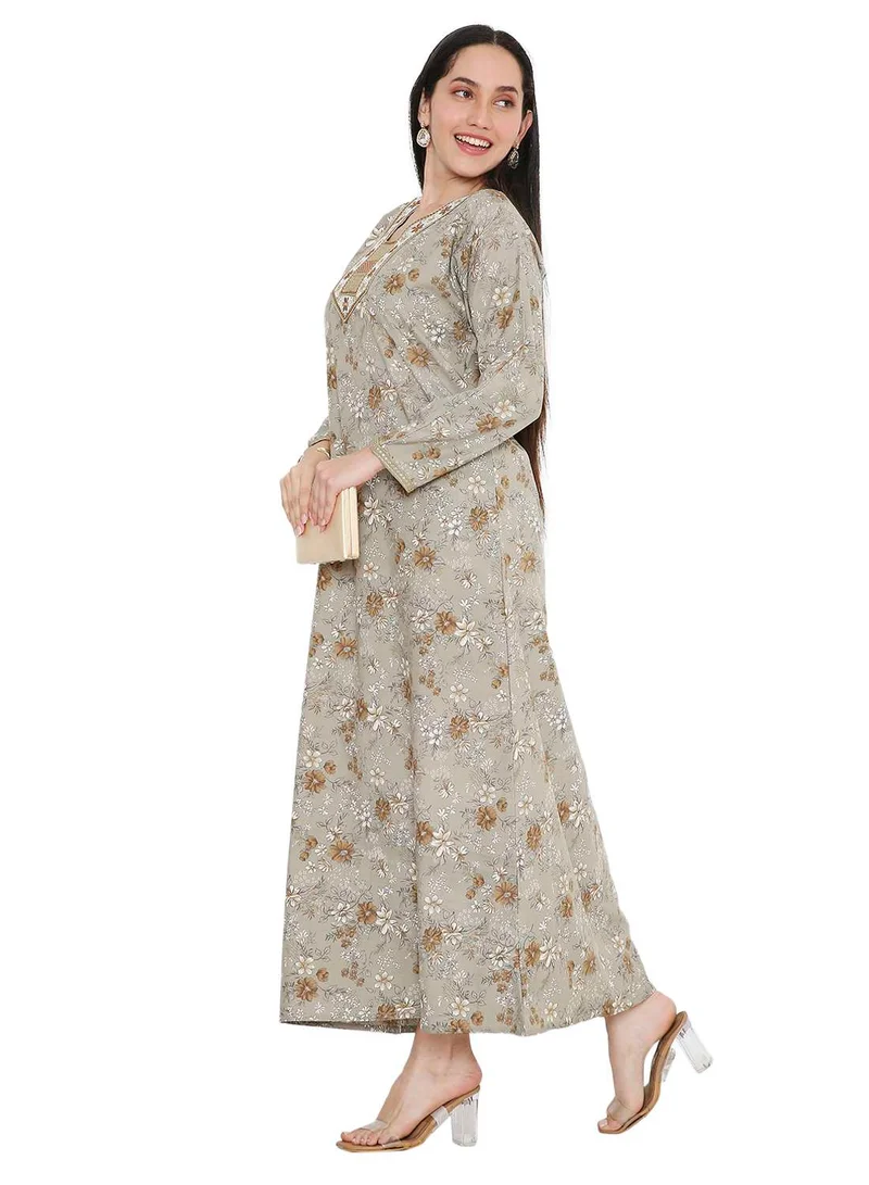 HANA & SARA LONG VISCOSE FLORAL PRINTED WITH THREAD EMBROIDERED ARABIC KAFTAN JALABIYA DRESSES