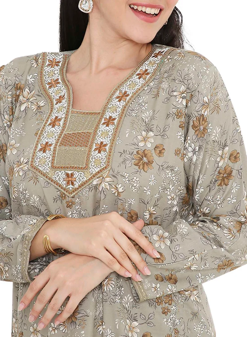 HANA & SARA LONG VISCOSE FLORAL PRINTED WITH THREAD EMBROIDERED ARABIC KAFTAN JALABIYA DRESSES