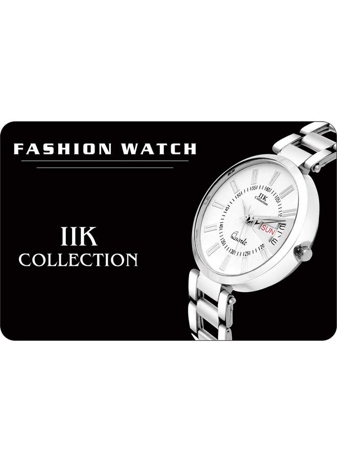 اي اي كيه كوليكشن ساعة IIK COLLECTION بمينا دائري وسوار من الفولاذ المقاوم للصدأ وسلسلة تناظرية تعرض اليوم والتاريخ للنساء والفتيات - بيضاء  - Image 4