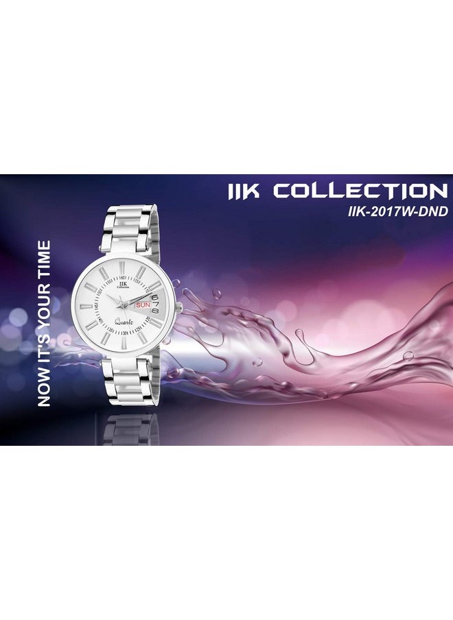 اي اي كيه كوليكشن ساعة IIK COLLECTION بمينا دائري وسوار من الفولاذ المقاوم للصدأ وسلسلة تناظرية تعرض اليوم والتاريخ للنساء والفتيات - بيضاء  - Image 2