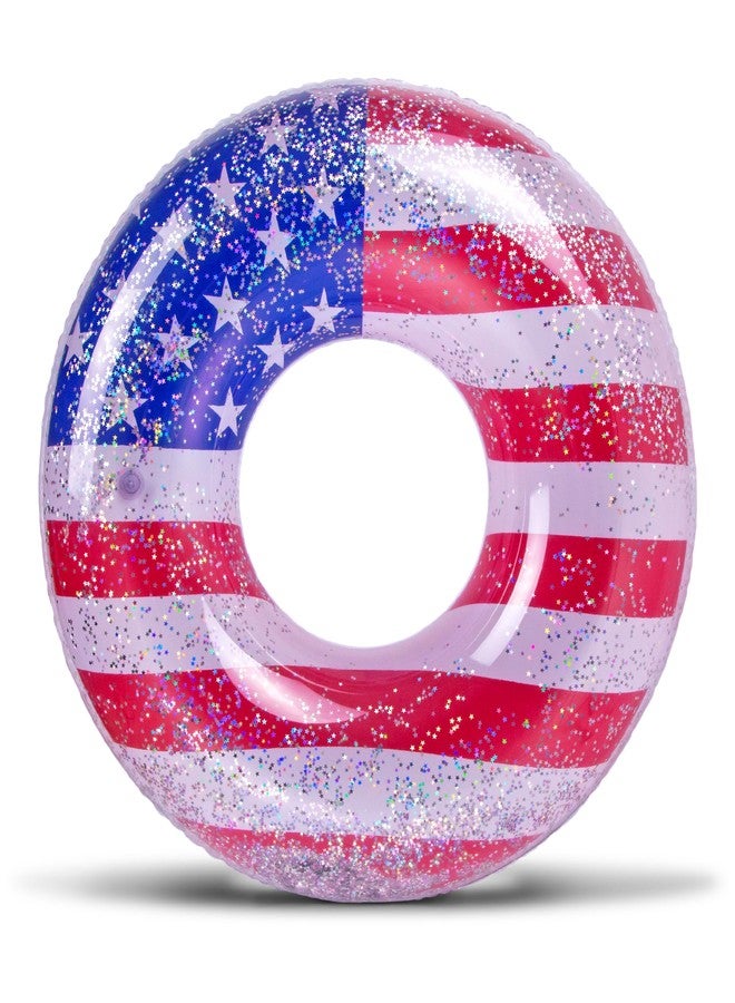 POZA Inflatable USA Luxurious Ring Pool Float - Sparkling Silver Stars Confetti with Cute American Flag Design, Perfect 4th of July Float for Beach, Lake, and Pool - 36 Inch - Image 1