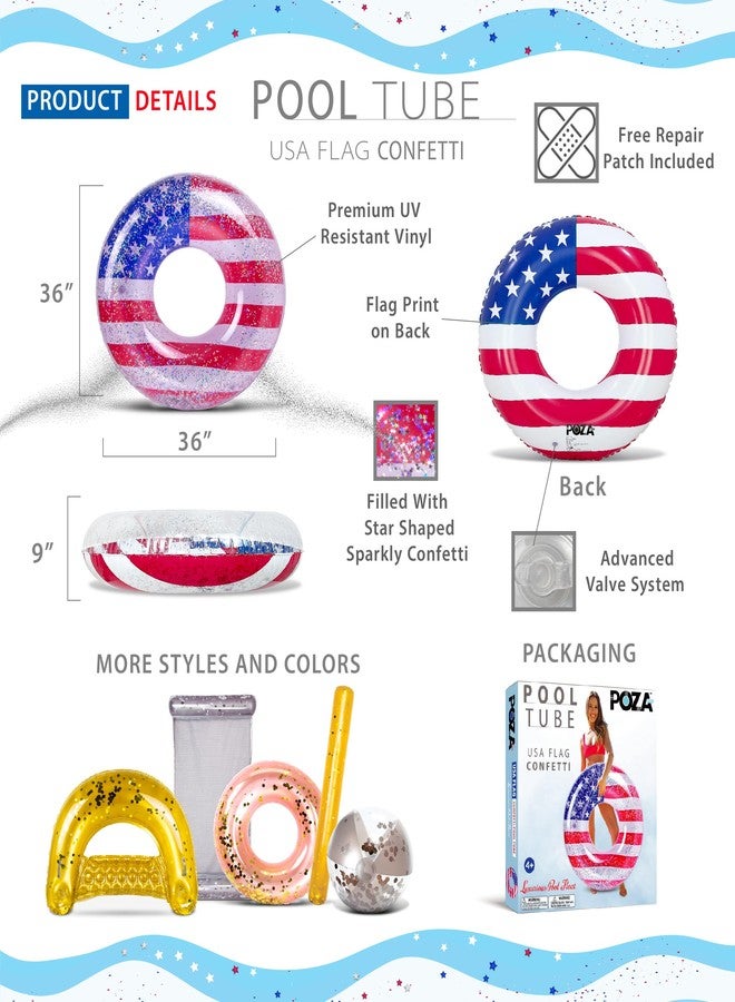 POZA Inflatable USA Luxurious Ring Pool Float - Sparkling Silver Stars Confetti with Cute American Flag Design, Perfect 4th of July Float for Beach, Lake, and Pool - 36 Inch - Image 2
