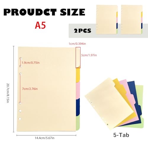DY.2ten Binder Dividers for 6 Ring Binder, 5-Tab Sturdy Paper Dividers, A5 Index Divider, Multicolor 6 Hole Binder Dividers, Insertable Notebook Planner Tab Dividers for Binders, 2 Sets, 10 Dividers - Image 2