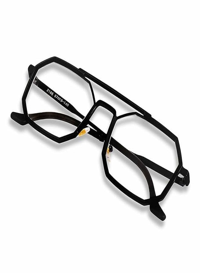 VALWICK Unisex Blue Cut Hexagonal Square shape Frame Eyeglasses | Blue Ray Cut (Black Clear) - Image 1