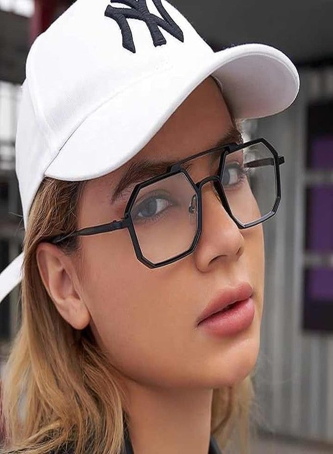 VALWICK Unisex Blue Cut Hexagonal Square shape Frame Eyeglasses | Blue Ray Cut (Black Clear) - Image 4