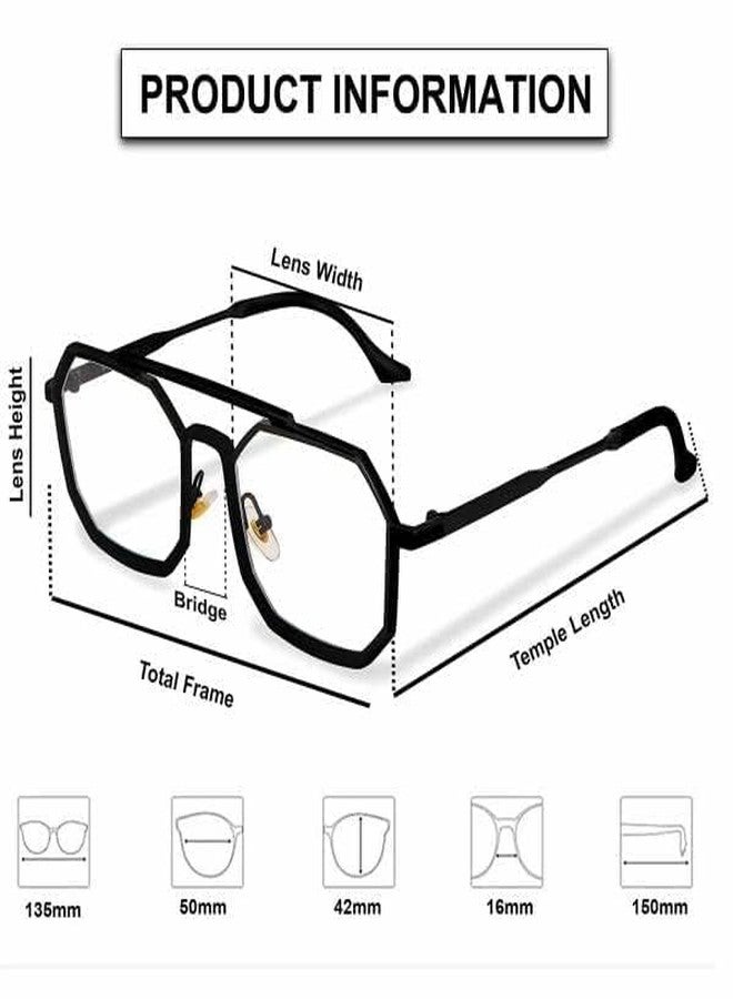 VALWICK Unisex Blue Cut Hexagonal Square shape Frame Eyeglasses | Blue Ray Cut (Black Clear) - Image 5