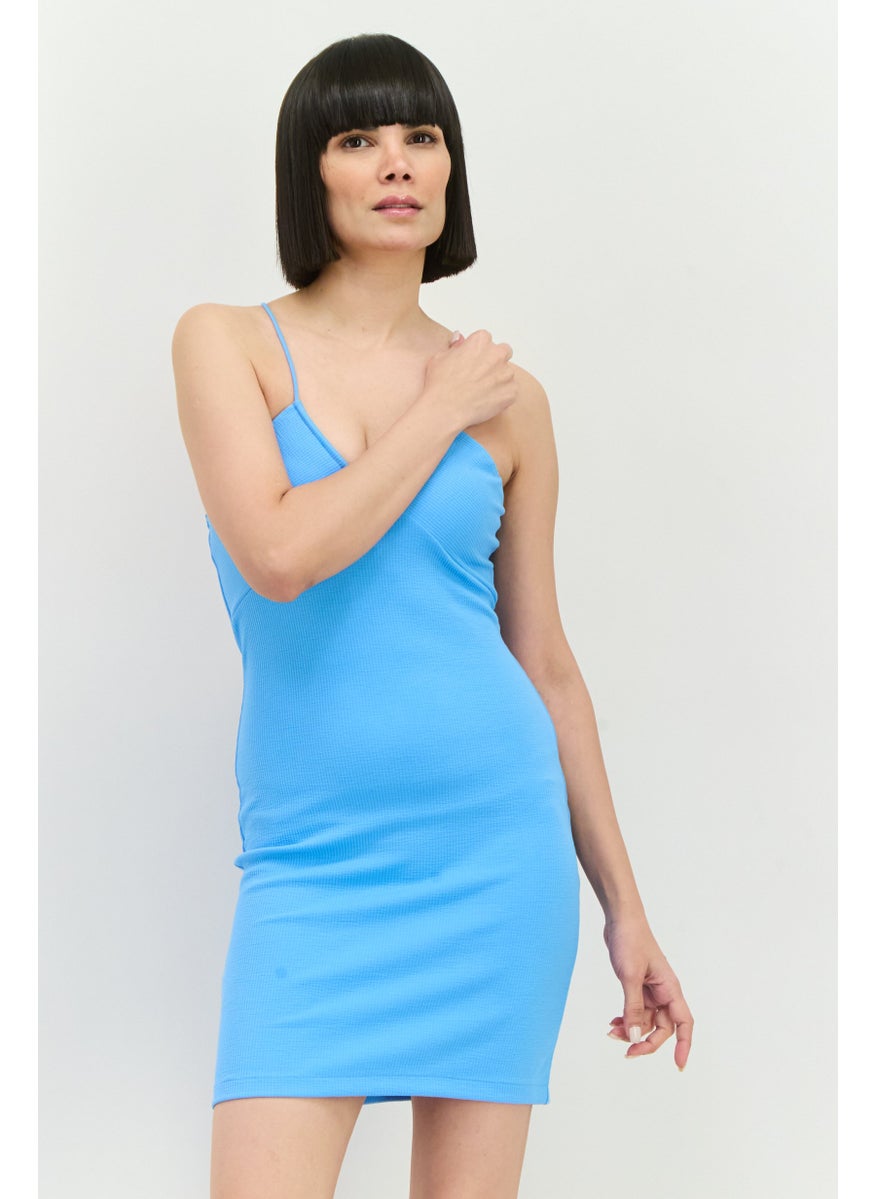 MANGO Women Ribbed Mini Dress, Sky Blue  - Image 1