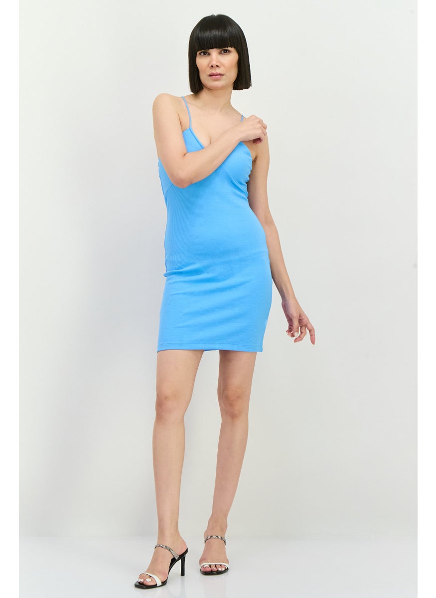 MANGO Women Ribbed Mini Dress, Sky Blue  - Image 4