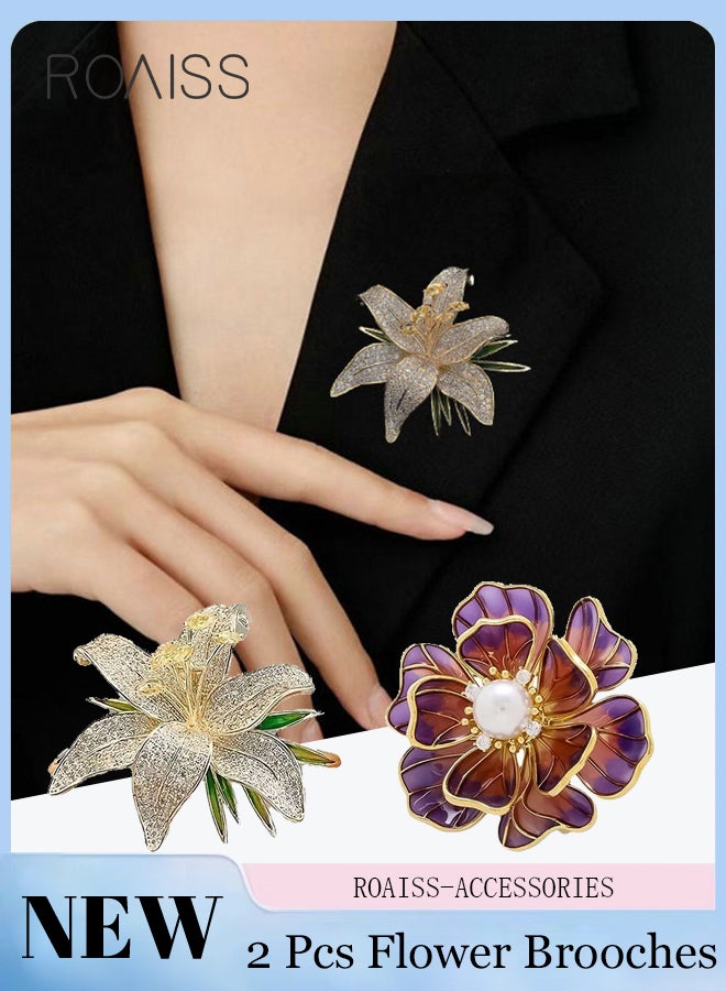 رويس 2 قطعة دبابيس زهور أنيقة، دبابيس ألماس عصرية، دبابيس زهرة الفاوانيا اللؤلؤية العتيقة، معطف، سترة، بدلة، دبوس وشاح إكسسوارات، مناسبة لحفلات النساء وأعياد الميلاد والارتداء اليومي - Image 1