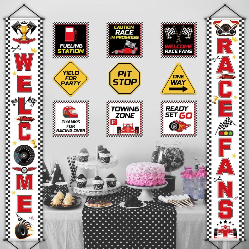 CHUNNIN Race Car Birthday Party Banner Checkered Flags 9 Cars Party Signs for Car Birthday Party Decoration Set Racing Fans Welcome Porch Sign for Boys Let's Go Racing Party Supplies for Kids Race Fans - Image 5