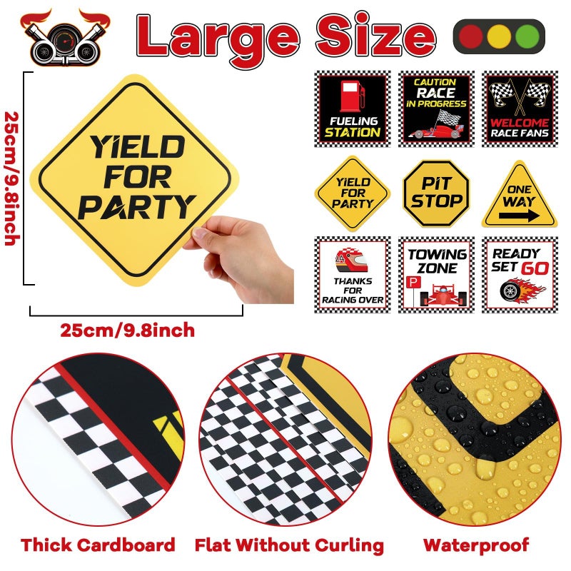 CHUNNIN Race Car Birthday Party Banner Checkered Flags 9 Cars Party Signs for Car Birthday Party Decoration Set Racing Fans Welcome Porch Sign for Boys Let's Go Racing Party Supplies for Kids Race Fans - Image 3