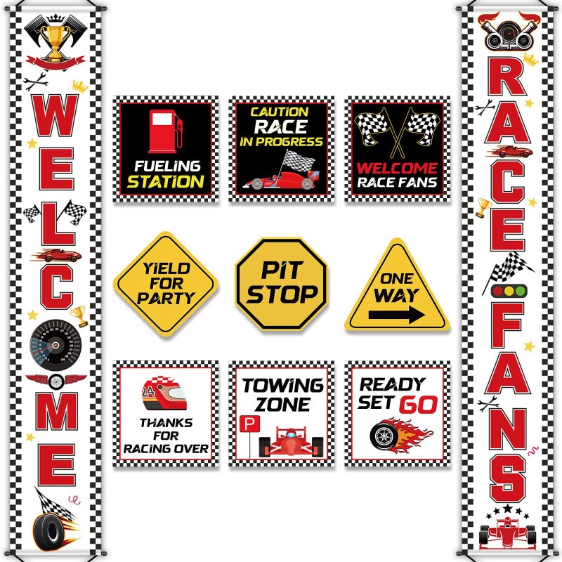 CHUNNIN Race Car Birthday Party Banner Checkered Flags 9 Cars Party Signs for Car Birthday Party Decoration Set Racing Fans Welcome Porch Sign for Boys Let's Go Racing Party Supplies for Kids Race Fans - Image 1