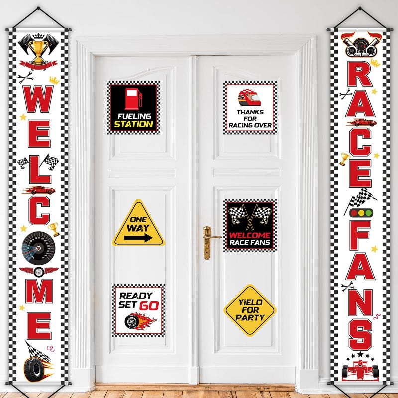 CHUNNIN Race Car Birthday Party Banner Checkered Flags 9 Cars Party Signs for Car Birthday Party Decoration Set Racing Fans Welcome Porch Sign for Boys Let's Go Racing Party Supplies for Kids Race Fans - Image 4