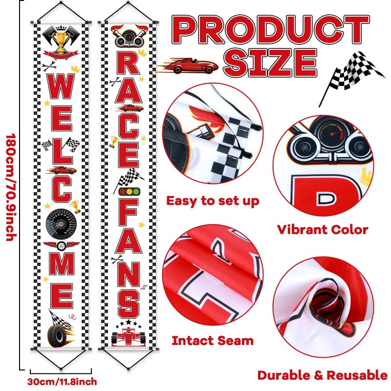CHUNNIN Race Car Birthday Party Banner Checkered Flags 9 Cars Party Signs for Car Birthday Party Decoration Set Racing Fans Welcome Porch Sign for Boys Let's Go Racing Party Supplies for Kids Race Fans - Image 2
