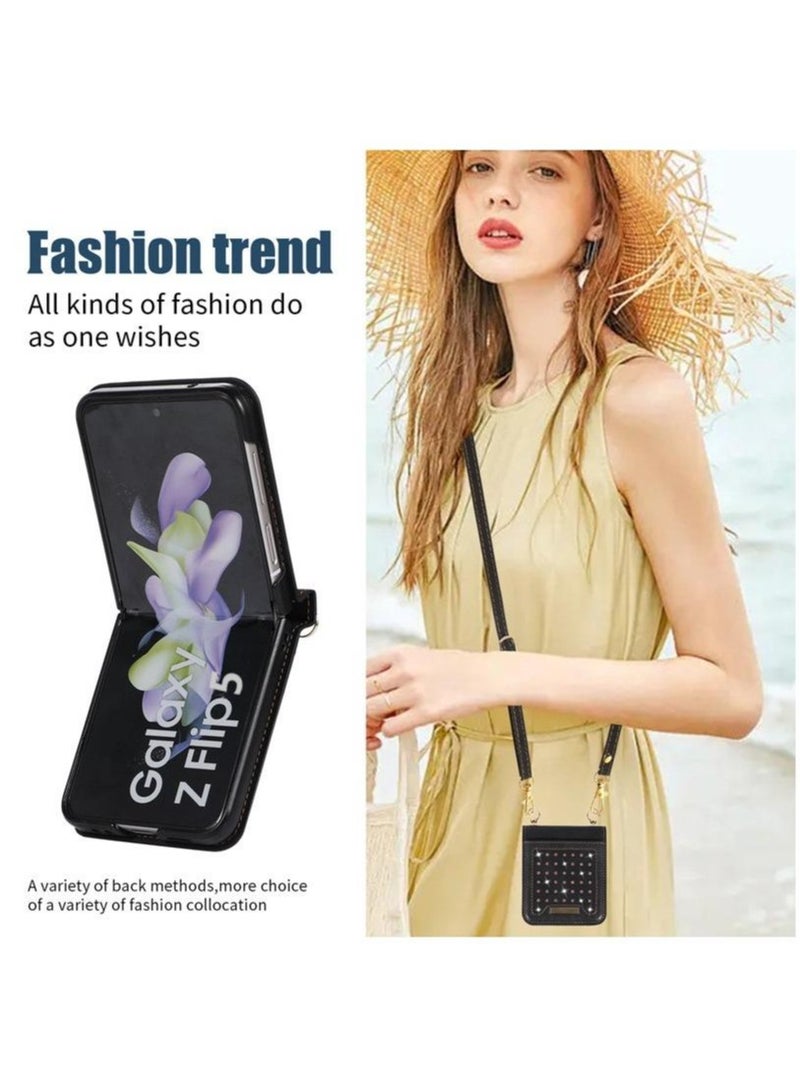 Samsung Galaxy Z Flip 5 5G Phone Case Cover with Leather Wallet,Wristlet Strap Wallet Hinge Part Protective for Samsung Galaxy Z Flip 5 5G Back Cover Fashion Handbag Gift for Women Ladies  - Image 3