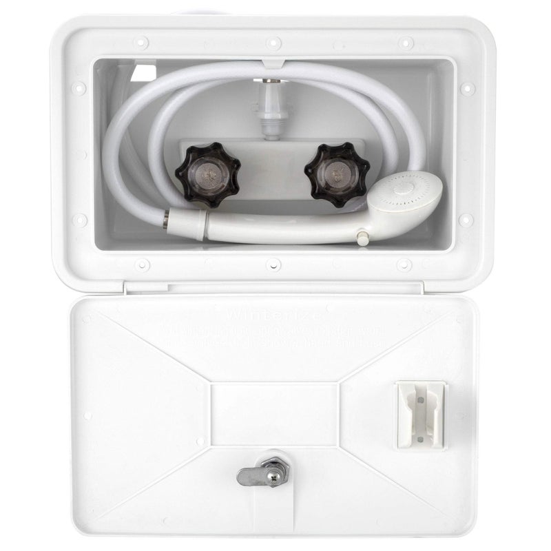 RecPro RV Exterior Shower Box Kit Locking Cowboy Shower with 51 Vinyl Hose 25 GPM Showerhead UVResistant RustFree Easy Install Camper Trailer Motorhome Outdoor Faucet White