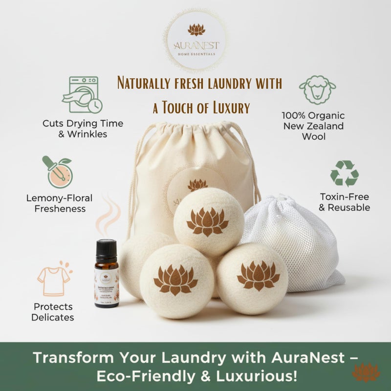 AuraNest Premium Quality Wool Dryer Balls Kit - 100% Organic XL Dryer Balls with Essential Oil & Laundry Mesh Bag, Reusable Fabric Softener Alternative to Dryer Sheets, Eco-friendly Housewarming Gift - Image 4