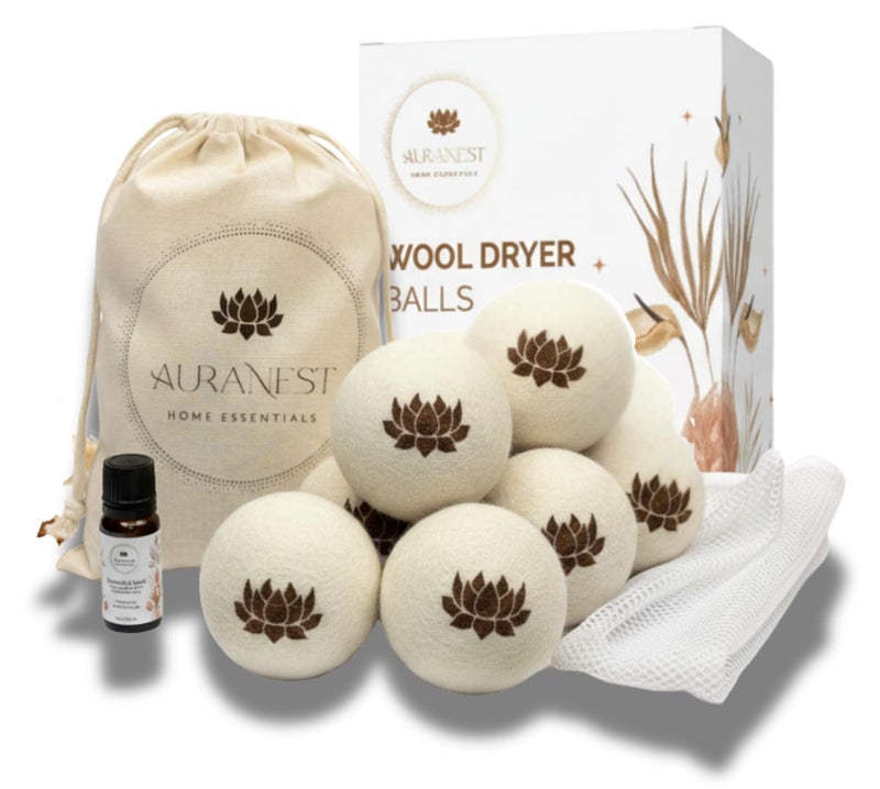 AuraNest Premium Quality Wool Dryer Balls Kit - 100% Organic XL Dryer Balls with Essential Oil & Laundry Mesh Bag, Reusable Fabric Softener Alternative to Dryer Sheets, Eco-friendly Housewarming Gift - Image 1