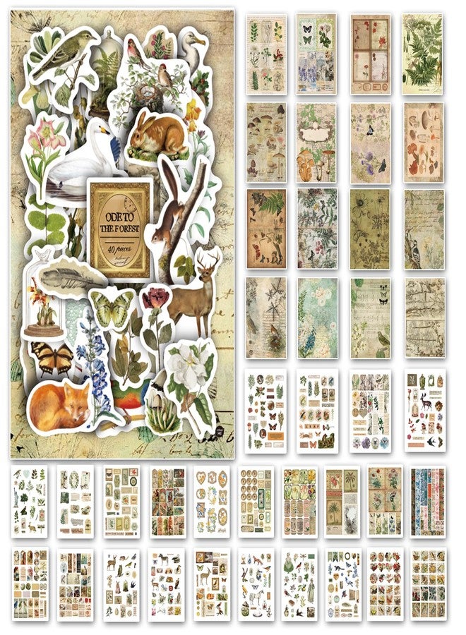 Prstincol Vintage Aesthetic Washi Stickers and Papers for Scrapbooking, 40 Sheets Ephemera Book for Art Journaling with Nature Forest Theme Stickers and Decoupage Papers for Junk Journal - Image 1