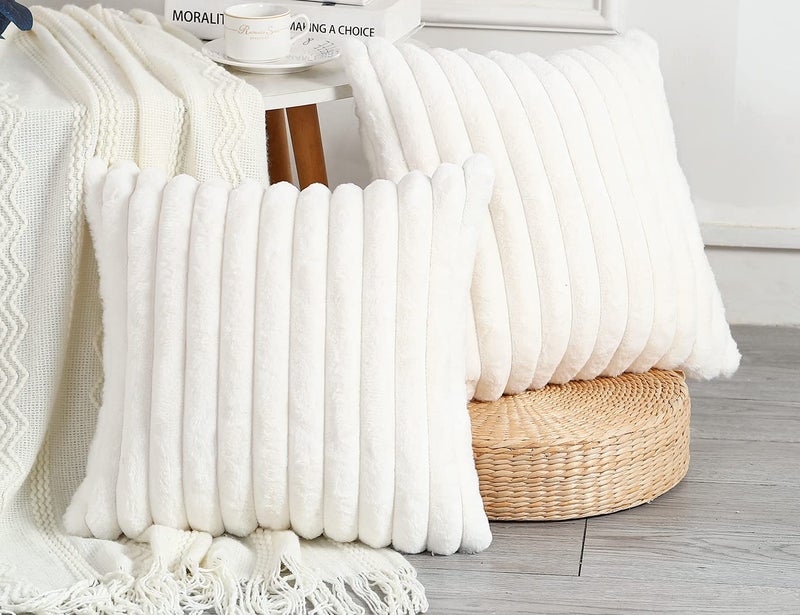 PANOD Set of 2 Faux Fur Decorative Throw Pillow Covers 18 x 18 WhiteLuxury Plush Modern Accent Funky Boho Pillow Covers Pillow Case Cushion Case for Couch Bed Sofa Farmhouse Livingroom Bedroom