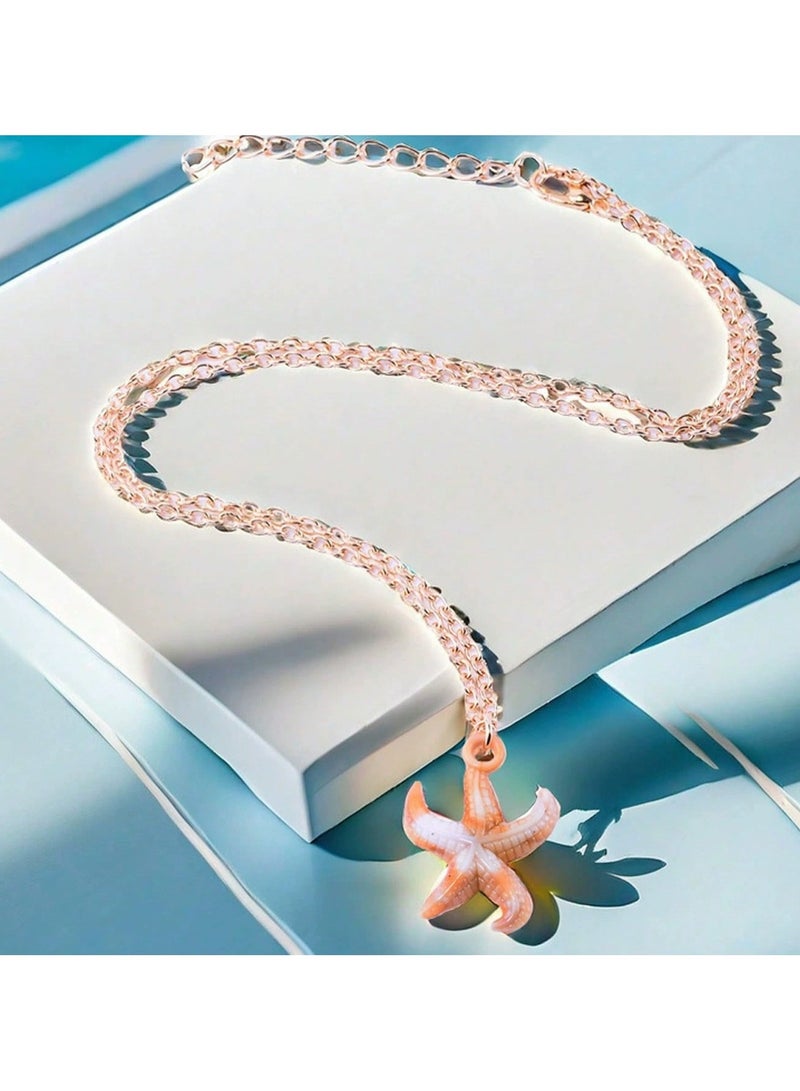 Goolsky Ocean Inspired Gold Pendant Necklace – Beachy Starfish & Shell Collar Necklace, Summer Style