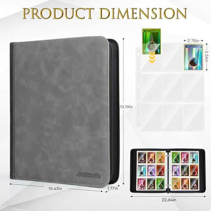 JoyHood TRADING CARD BINDER FOR TCG CARDS, HOLDS UP TO 900 CARDS, HOCKEY CARD FOLDER ALBUM BOOKS CASE WITH ZIPPER FITS PM MTG OPCG, GIFTS FOR BOYS/GIRLS (GRAY) - Image 4