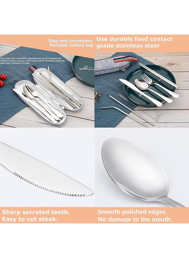 HALAMODO 8PCS Travel Utensils Silverware Set with Case Portable Cutlery Set Camping Flatware Set Including Chopsticks Knife Fork Spoon 2 Straws and Brushes Stainless Steel Cutlery Set(Silver) - Image 2