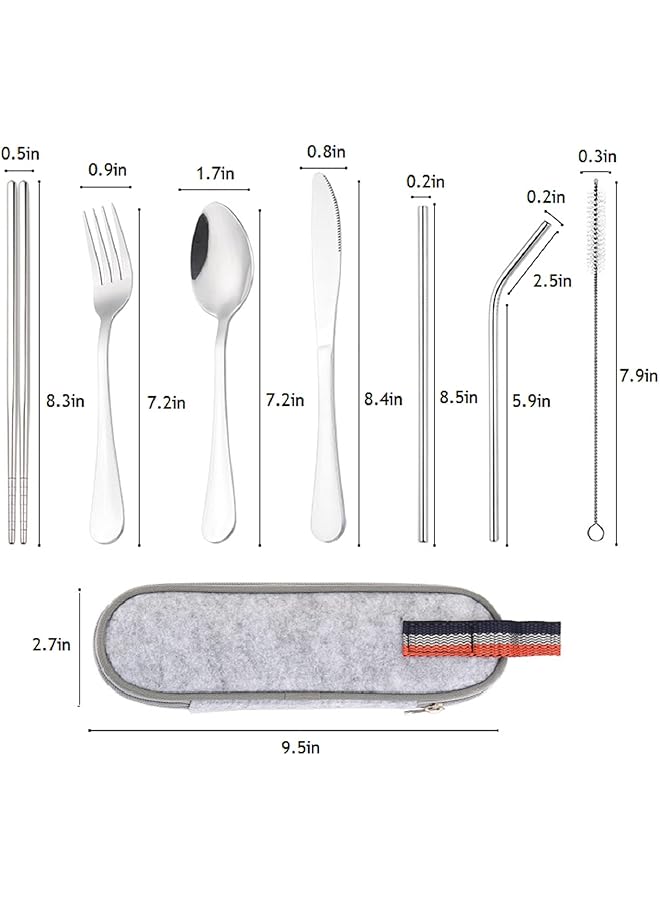 HALAMODO 8PCS Travel Utensils Silverware Set with Case Portable Cutlery Set Camping Flatware Set Including Chopsticks Knife Fork Spoon 2 Straws and Brushes Stainless Steel Cutlery Set(Silver) - Image 4