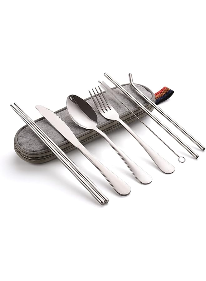 HALAMODO 8PCS Travel Utensils Silverware Set with Case Portable Cutlery Set Camping Flatware Set Including Chopsticks Knife Fork Spoon 2 Straws and Brushes Stainless Steel Cutlery Set(Silver) - Image 1