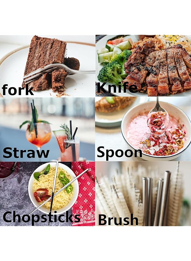 HALAMODO 8PCS Travel Utensils Silverware Set with Case Portable Cutlery Set Camping Flatware Set Including Chopsticks Knife Fork Spoon 2 Straws and Brushes Stainless Steel Cutlery Set(Silver) - Image 5