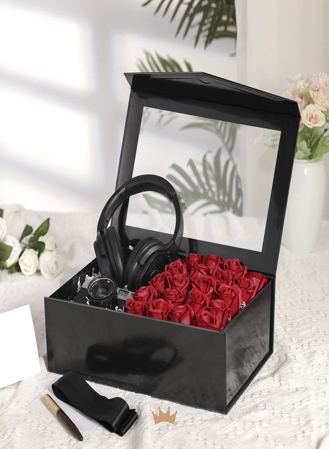 PACKQUEEN Large Black Gift Box with Window, 13.5x9x4.1 Inches Clear Gift Box for Present Contains Ribbon, Card, Groomsman Proposal Box with Magnetic Lid (Glossy Black) - Image 2