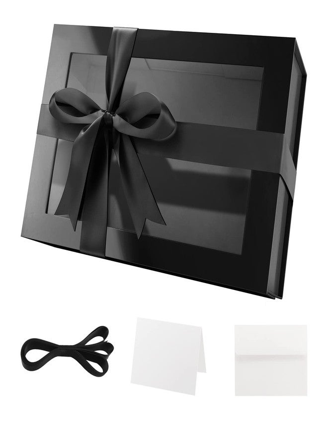 PACKQUEEN Large Black Gift Box with Window, 13.5x9x4.1 Inches Clear Gift Box for Present Contains Ribbon, Card, Groomsman Proposal Box with Magnetic Lid (Glossy Black) - Image 1