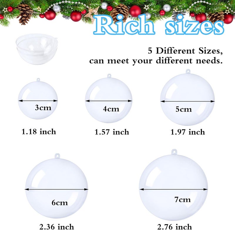 OJYUDD 50 Set 100PCS Clear Plastic Fillable Ornaments,Transparent DIY Christmas Fillable Ball,Plastic DIY Fillable Decoration Balls 5 Different Sizes for Christmas Tree,Wedding,Party,Home Decor - Image 2
