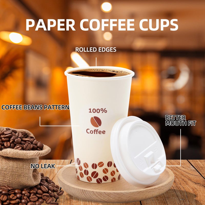 Tamone 100 PACK 16OZ Disposable Coffee Cups with Lids  To Go Coffee Cups with Lids Leak Proof  Beige Paper Cups Coffee Beans Design for Cold/Hot Coffee Beverage Chocolate Cocoa for Home Office - Image 3