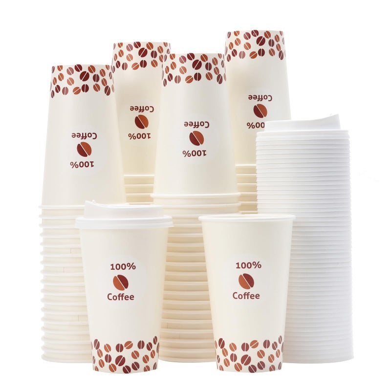 Tamone 100 PACK 16OZ Disposable Coffee Cups with Lids  To Go Coffee Cups with Lids Leak Proof  Beige Paper Cups Coffee Beans Design for Cold/Hot Coffee Beverage Chocolate Cocoa for Home Office - Image 1
