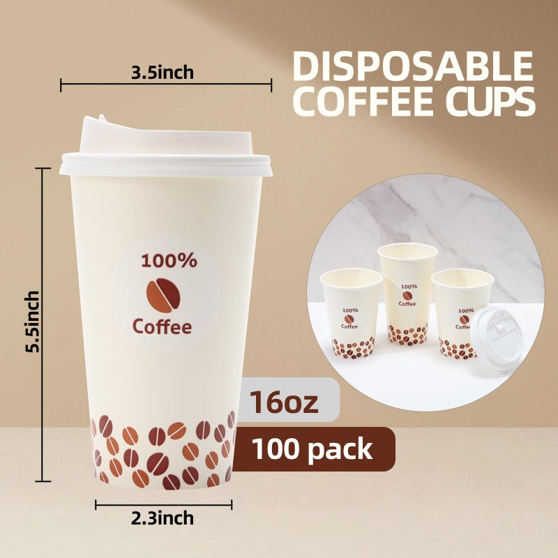 Tamone 100 PACK 16OZ Disposable Coffee Cups with Lids  To Go Coffee Cups with Lids Leak Proof  Beige Paper Cups Coffee Beans Design for Cold/Hot Coffee Beverage Chocolate Cocoa for Home Office - Image 2