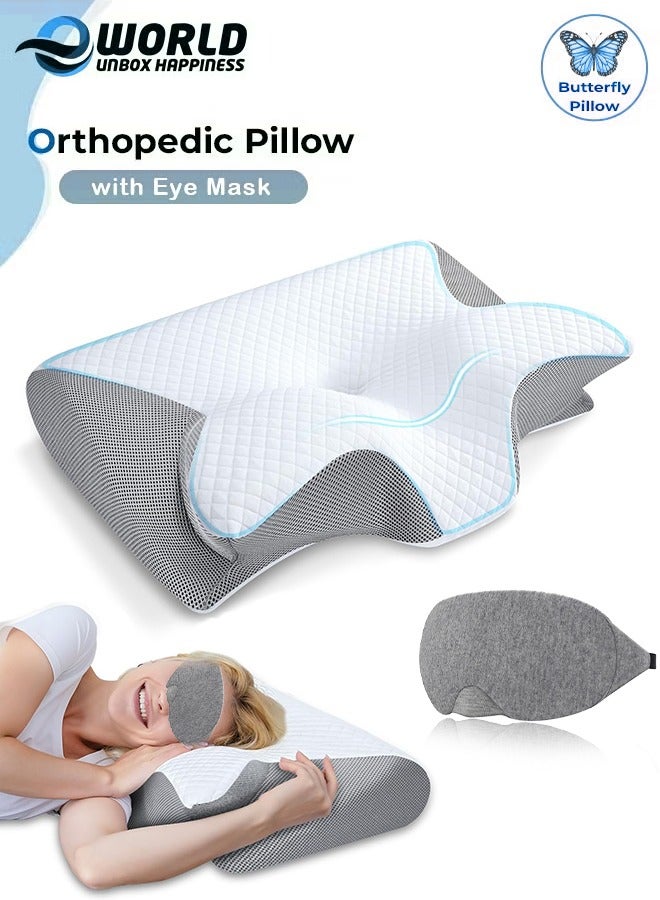 إي وورلد وسادة الرقبة الطبية المزدوجة 2 في 1 مع قناع العين، وسادة رغوة الذاكرة لتخفيف آلام الرقبة، دعم مريح للرقبة والظهر والمعدة أثناء النوم - Image 1