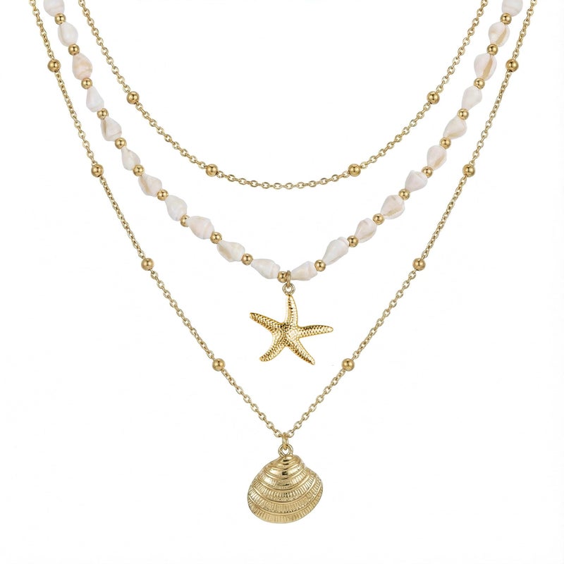 Sanyaa Seashell Starfish Necklace for Women Conch Shell Summer Pearl Beach 14k Gold Layered Dainty Choker (3 Layered Necklace) - Image 1