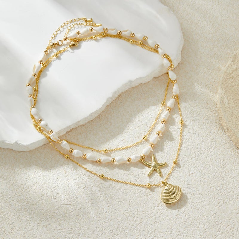 Sanyaa Seashell Starfish Necklace for Women Conch Shell Summer Pearl Beach 14k Gold Layered Dainty Choker (3 Layered Necklace) - Image 5