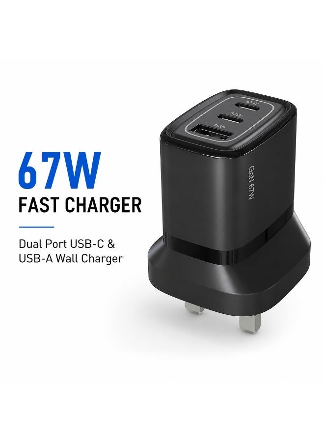 واي شاحن سريع 67 واط | محول طاقة بمنفذي USB-C و USB-A | تقنية GaN | شاحن جداري سريع الشحن | متوافق مع الهواتف الذكية والأجهزة اللوحية وأجهزة الكمبيوتر المحمولة | أسود - Image 2