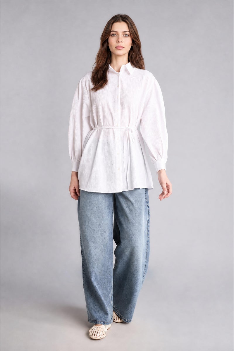 DeFacto White Woman Relax Fit Crinkle Fabric Long Sleeve Tunic Casual - Image 2