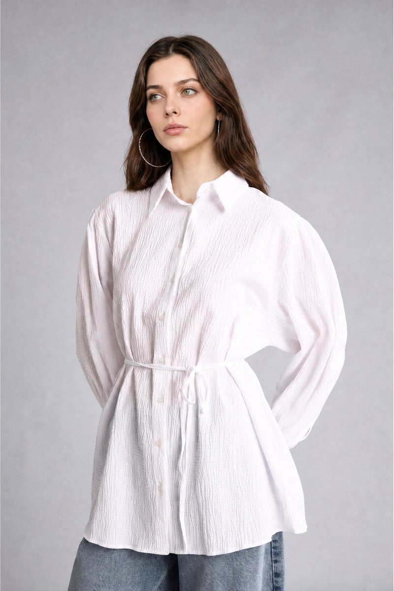 DeFacto White Woman Relax Fit Crinkle Fabric Long Sleeve Tunic Casual - Image 4