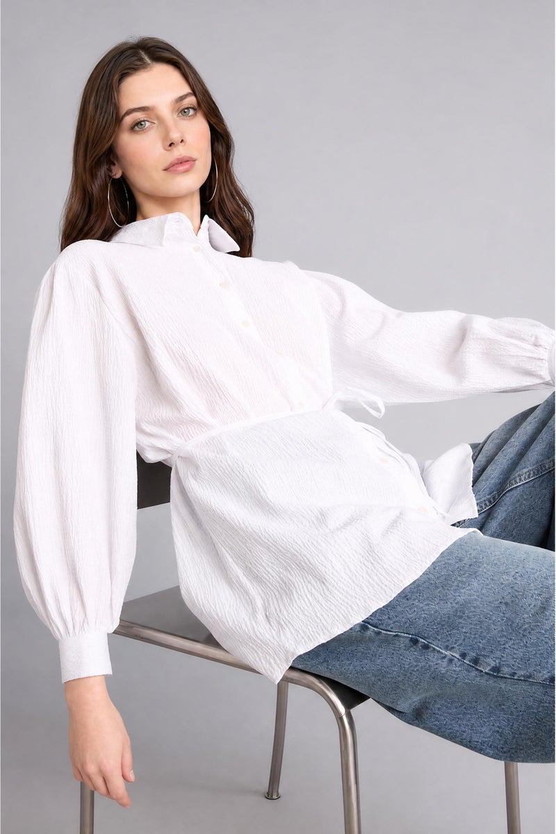 DeFacto White Woman Relax Fit Crinkle Fabric Long Sleeve Tunic Casual - Image 1
