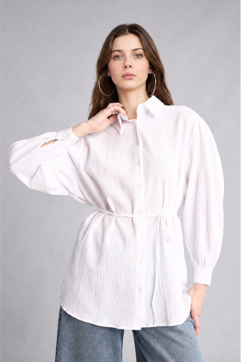 DeFacto White Woman Relax Fit Crinkle Fabric Long Sleeve Tunic Casual - Image 3