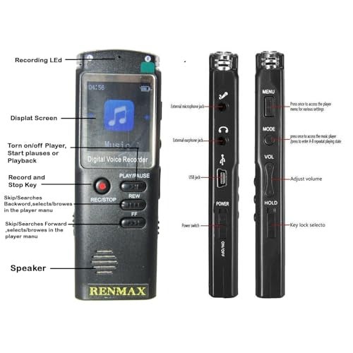 RENMAX® Digital Voice Recorder MP3 Player Rechargeable 8GB with Collar Mic Black - 1Pc - Image 3