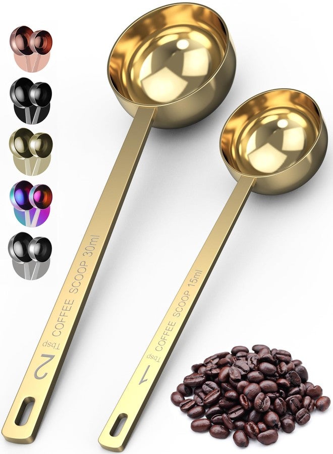Orblue Premium Coffee Scoop Set - 1 Tbsp (15ml) & 2 Tbsp (30ml) Measuring Tablespoon - Stainless Steel Coffee Measuring Spoon and Scooper with Long Handles - Pack of 2 - Gold - Image 1